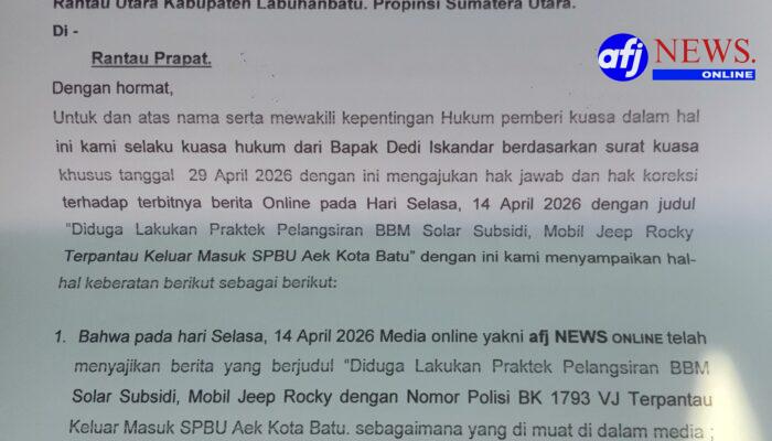 Hak Jawab dan Hak Koreksi Terkait Berita Diduga Lakukan Praktek Pelangsiran BBM Solar Subsidi, Mobil Jeep Rocky Terpantau Keluar Masuk SPBU Aek Kota Batu